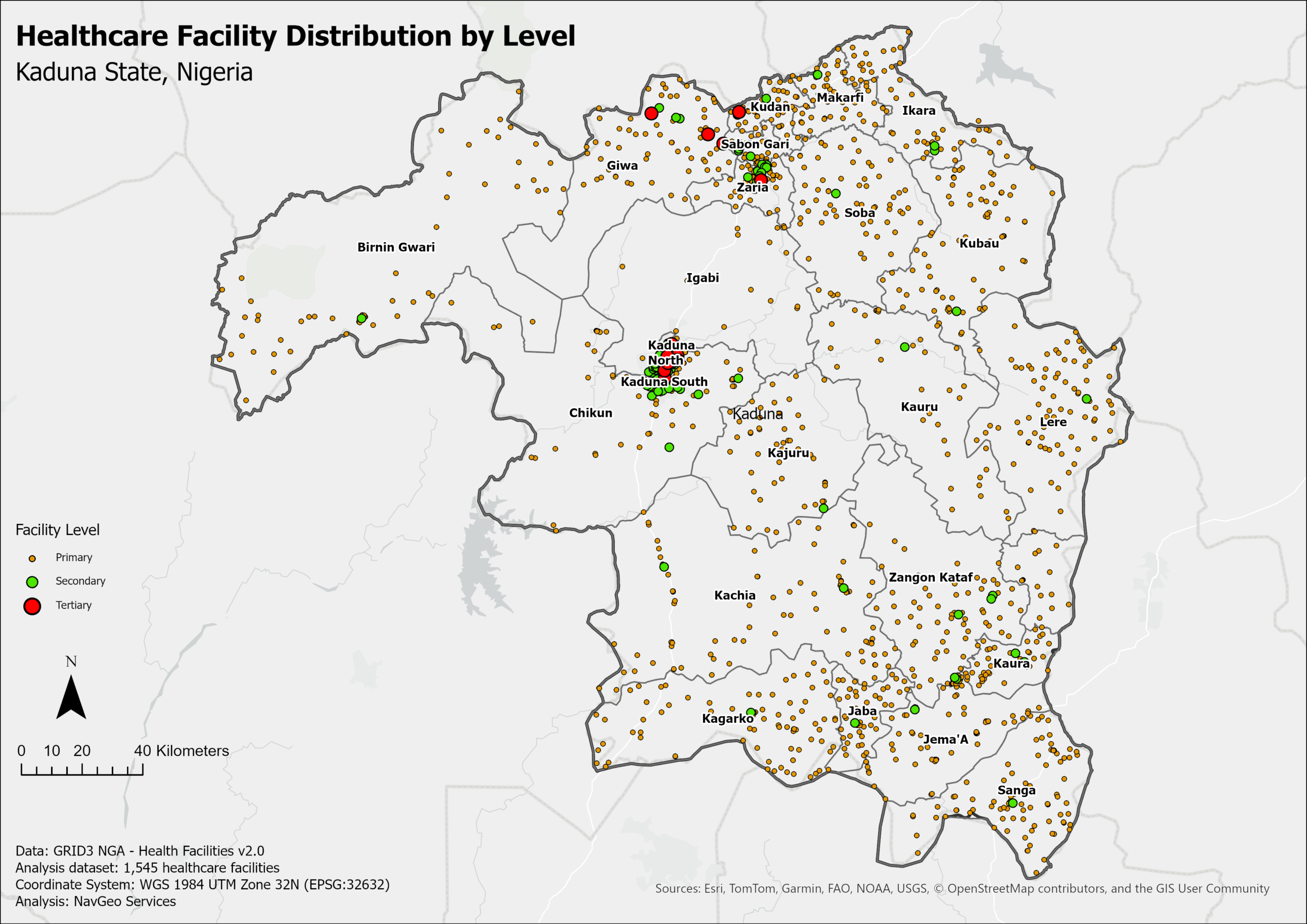 Map showing the distribution of Primary, Secondary and Tertiary healthcare facilities across Kaduna State