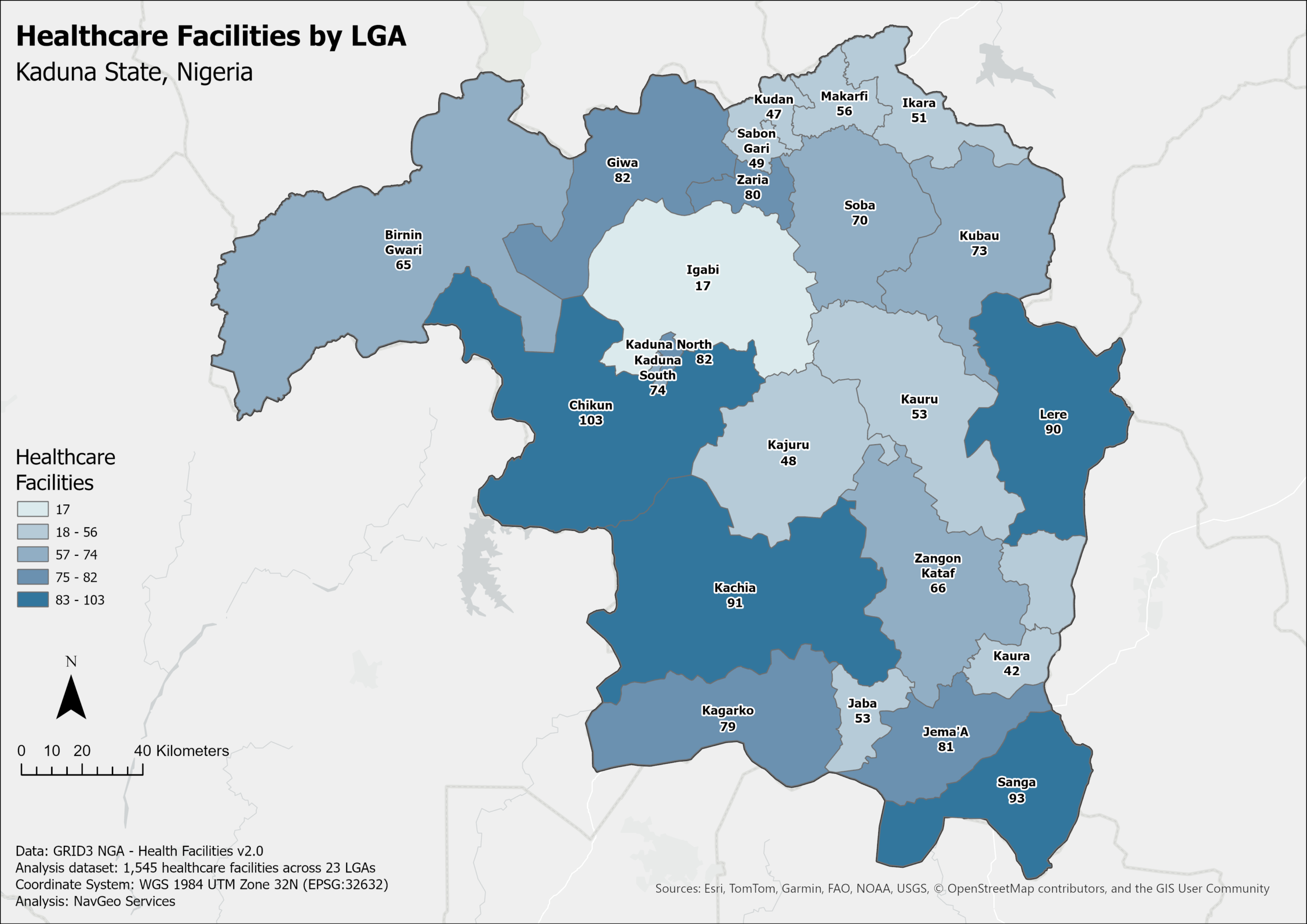 Map showing the number of mapped healthcare facilities across the 23 LGAs of Kaduna State