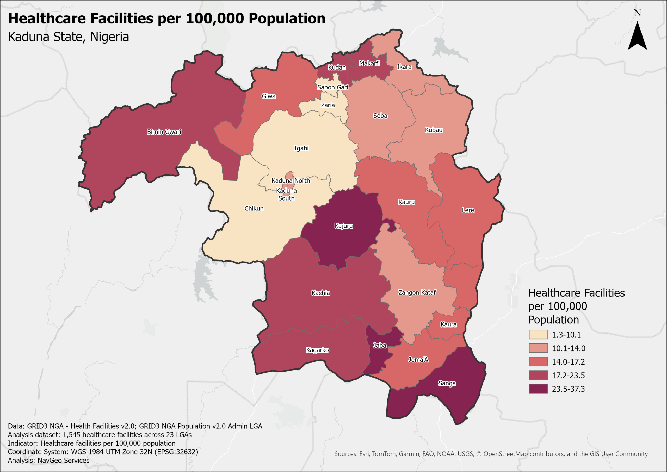 Map of healthcare facilities per 100,000 population across the 23 LGAs of Kaduna State