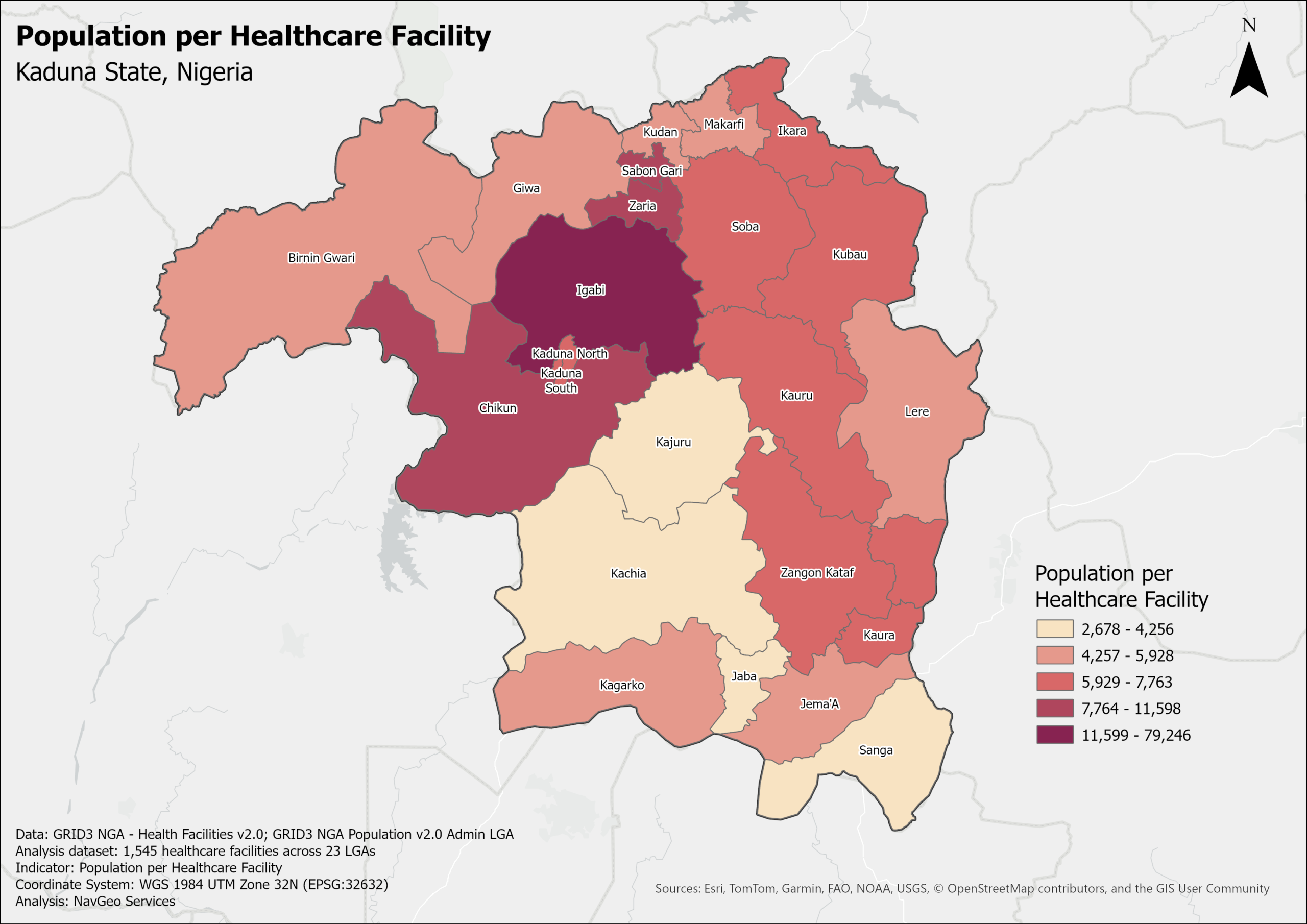 Map of population per mapped healthcare facility across the 23 LGAs of Kaduna State