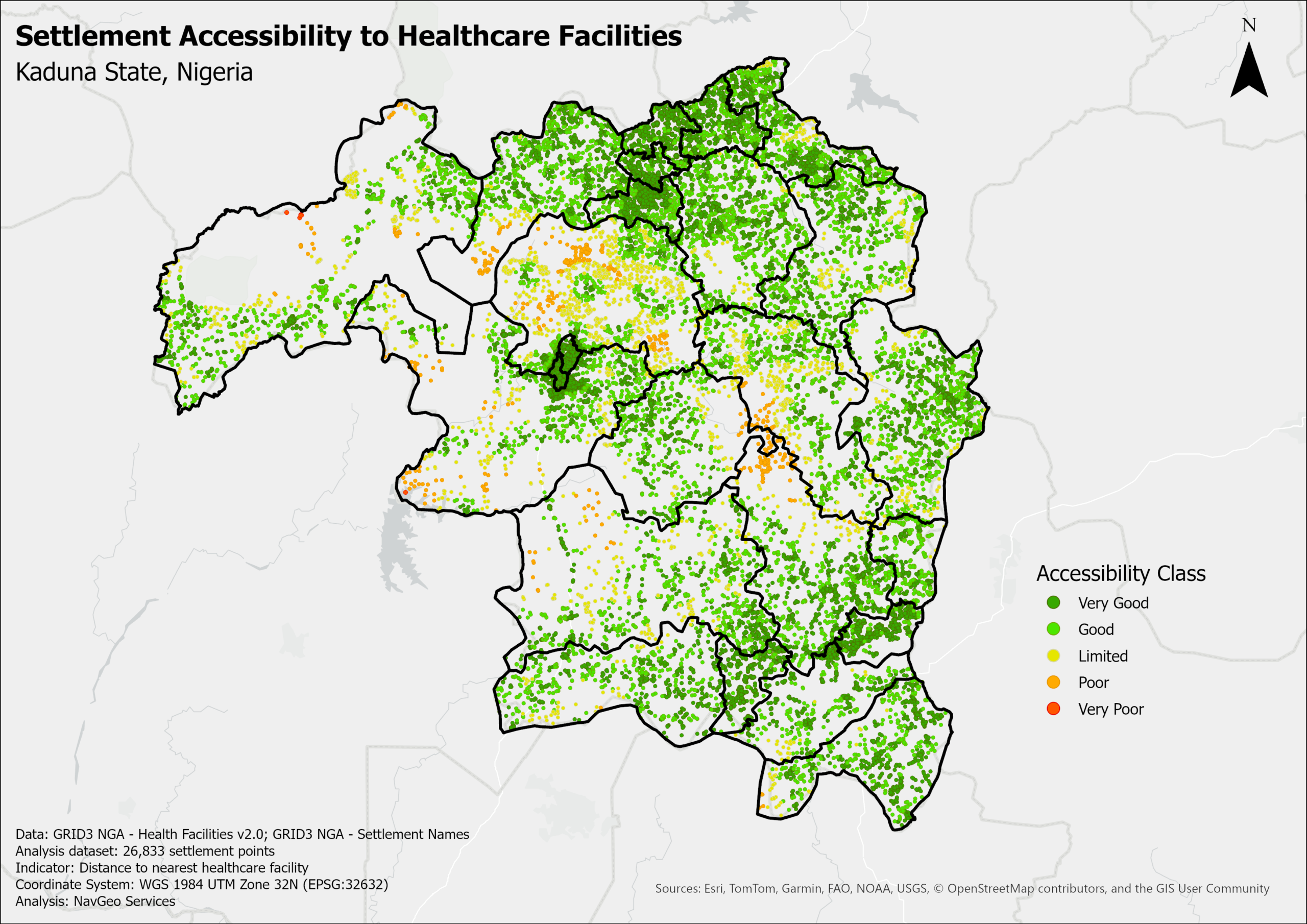 Map of Kaduna State settlements classified as Very Good, Good, Limited, Poor and Very Poor by distance to the nearest healthcare facility