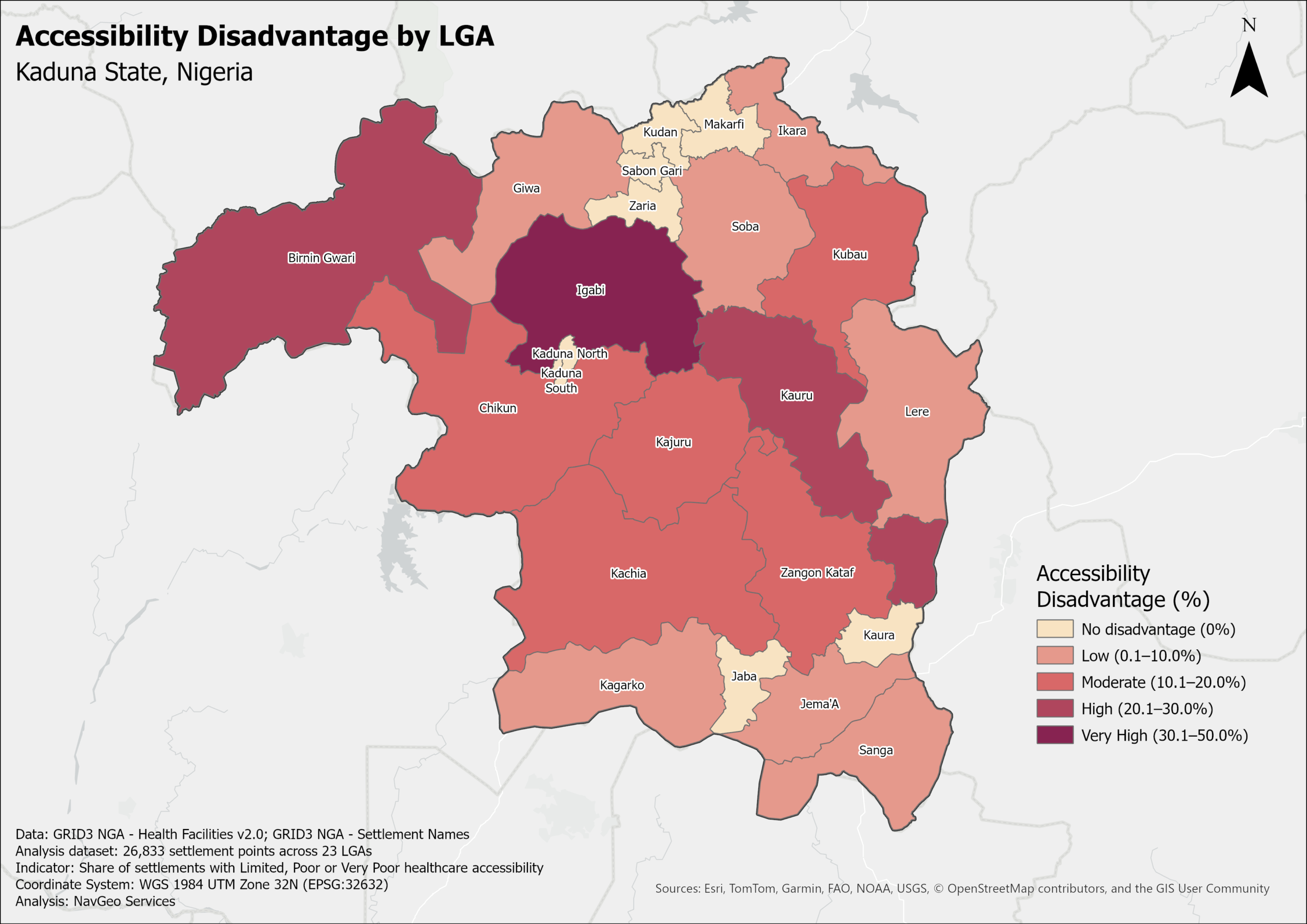 Map of Kaduna State LGAs classified by the percentage of settlements with Limited, Poor or Very Poor healthcare accessibility