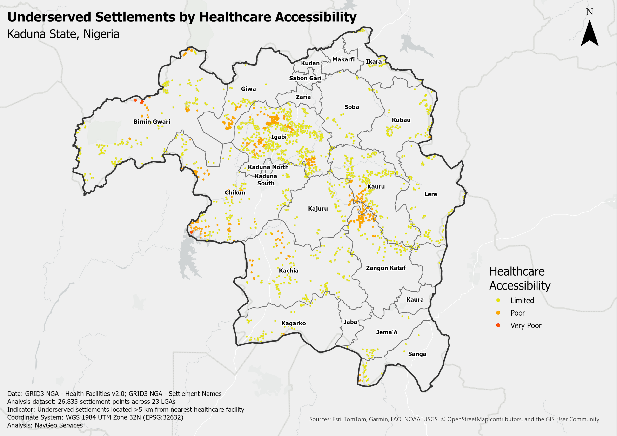Map of underserved settlements classified as Limited, Poor and Very Poor healthcare accessibility across Kaduna State